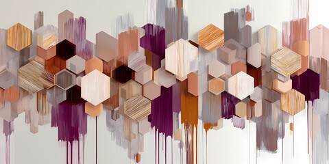 A colorful abstract design featuring hexagonal shapes in various shades of wood and pastel colors.