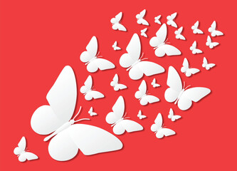 White Paper Cut Butterflies on Red Background Flat Design Illustration