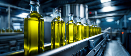 Bottles of olive and vegetable oil roll smoothly on a conveyor belt in a sleek factory filled with stainless steel equipment and bright lighting