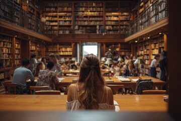 Woman Reading in Elegant Antique Library Surrounded by Bookshelves and Warm Lighting