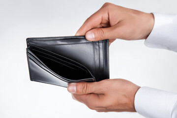 Businessman holding an empty black leather wallet against a white background, symbolizing financial struggle, bankruptcy, and personal debt in a modern economy