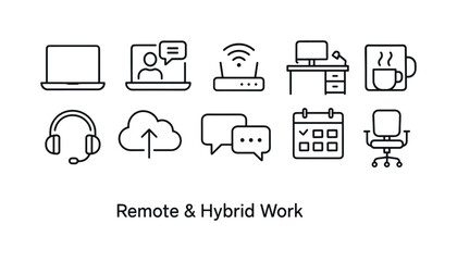Remote and hybrid work linear icon set. featuring laptop, video call, router, desk, coffee, headset, cloud, chat, calendar, chair