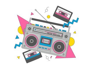 A colorful illustration of a boombox and cassette tapes surrounded by geometric shapes and music accessories.