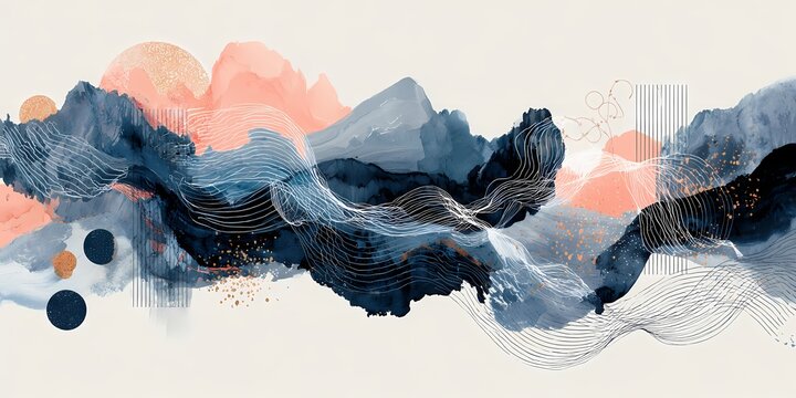 A serene abstract landscape featuring flowing waves, mountains, and soft pastel colors.