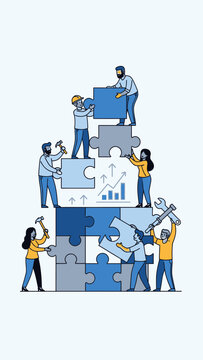 People building a structure with puzzle pieces teamwork.