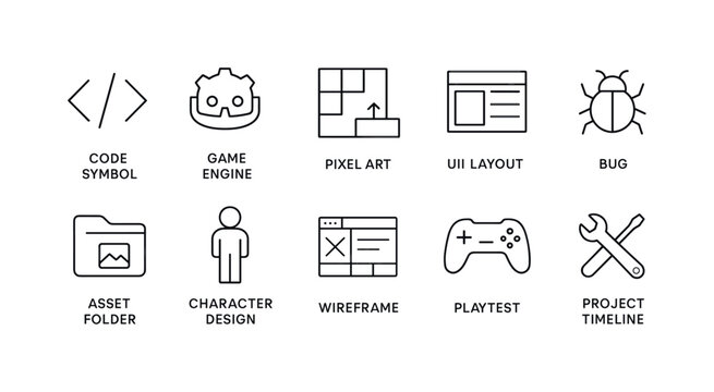 Game development linear icon set. featuring code, game engine, pixel art, ui layout, bug, and more