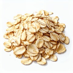 Rolled oats heap on a clean white backdrop offering visual simplicity and focus