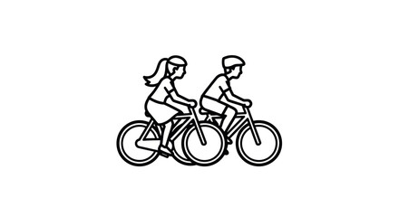Fototapeta premium Two Cyclists Riding Bicycles Wearing Casual Clothes and Helmets Black and White Line Art.