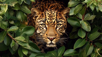Intense Close-Up of a Jaguar Surrounded by Green Foliage