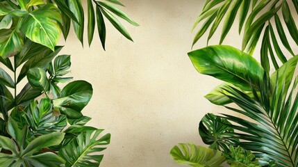 Tropical Green Leaves Background with Textured Neutral Canvas