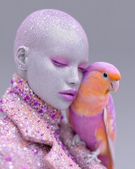 Fantasy fashion portraits blending colorful tropical birds with surreal human features, vibrant plumage, glossy textures, and crystal-studded clothing in pastel tones. Avant-Garde Art Portraits .