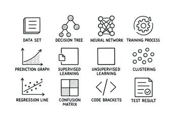 Machine learning linear icon set. featuring data set, decision tree, neural network, training process, prediction graph.