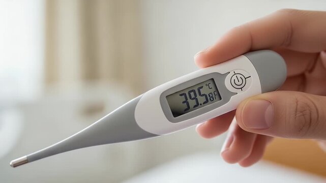 digital thermometer in hand showing temperature reading for home health