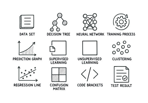 Machine learning linear icon set. featuring data set, decision tree, neural network, training process, prediction graph.