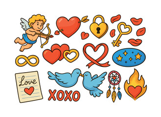 Fototapeta premium Valentine's day flat icon set. featuring cupid, hearts, lock, key, infinity, lips, love letter, and doves