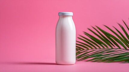 A sleek, white glass bottle with a white cap, set against a pink backdrop with tropical foliage