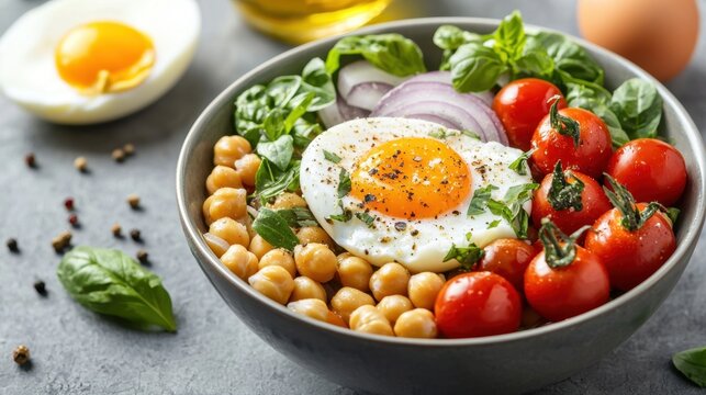 Fresh Chickpea Salad with Poached Egg and Vegetables on a Table - Powered by Adobe