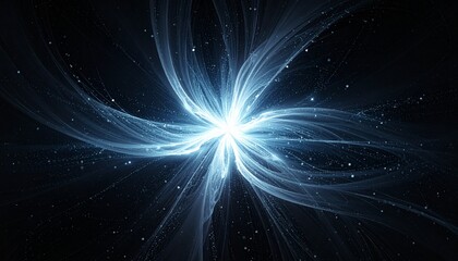 Abstract luminous blue energy light anomaly with swirling plasma streams and sparkling particles radiating from a bright central core on a dark background, depicting advanced cosmic technology