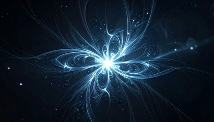 Abstract bright blue glowing fractal flower or starburst on a dark background