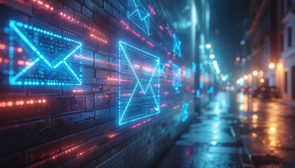 Fototapeta premium Cybercrime digital email neon envelope icon wall brick night city cybercrime threat flows through digital email neon envelope icon along wet brick wall in night city street with quiet urban tension
