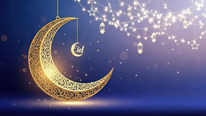 Golden ornate crescent moon with twinkling fairy lights and traditional lanterns against a celestial blue background, symbolizing peace and celebration for Islamic holidays