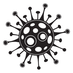 a black-and-white silhouette icon of a virus particle (likely representing a coronavirus). It shows a round central body with irregular circular spots on its surface and numerous spike proteins,