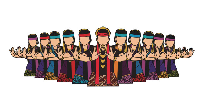 Group of female dancers in colorful traditional attire performing the Saman dance from Aceh Indonesia.