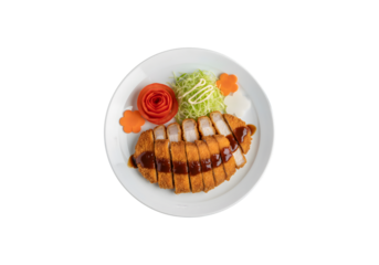 Tonkatsu, also known as Fried Pork, served with a sweet tonkatsu sauce, is a fusion of Japanese cuisine, beautifully garnished with carved vegetables and a tomato on top.