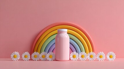 A pink beverage bottle, daisies, and a colorful rainbow set against a pastel pink backdrop