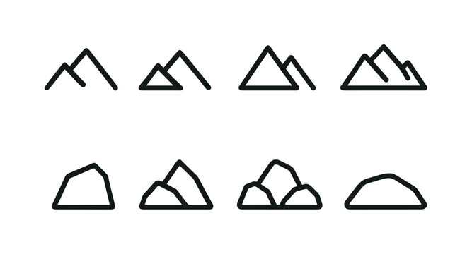 Travel flat icon set. featuring mountain, peak, hill, summit, rock, and ridge symbols
