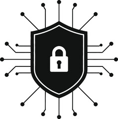 Cybersecurity shield icon with padlock and circuit lines representing digital protection and secure network access