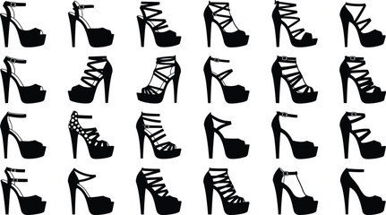 High heel platform shoes silhouette collection featuring women fashion footwear designs stylish pumps sandals and party heels black vector set