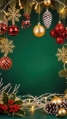 Christmas vertical banner with hanging ornaments, snowflakes, and festive lights on a green background