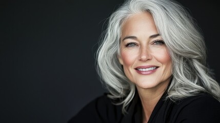 Fototapeta premium Elegant Older Woman with Silver Hair Smiling Against Dark Background
