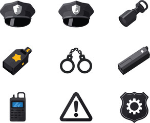 Police equipment icons set with hat handcuffs body camera stun gun walkie talkie and badge in flat vector style