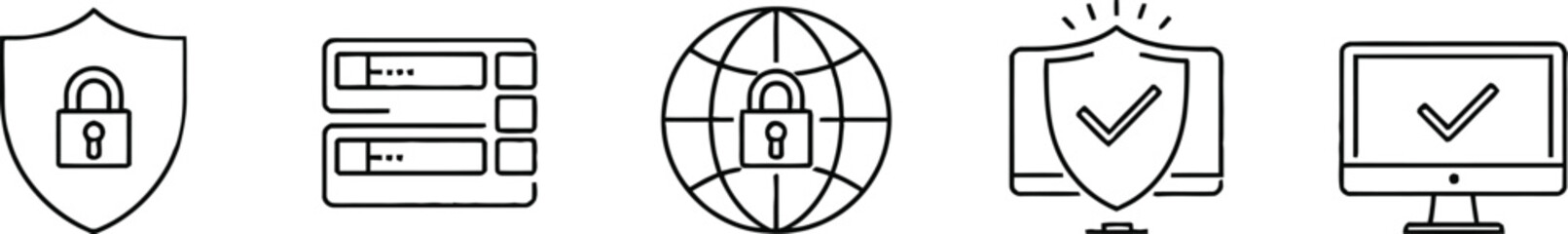 Cybersecurity icons set with shield server globe padlock and verified system symbols in flat vector illustration