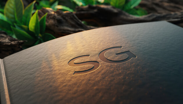 Environmental social governance logo nature leaf sunlight wood trunk moss macro texture emboss detail luxury book cover concept environmental awareness social impact governance theme