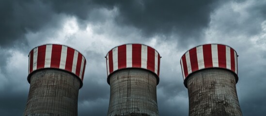 Three industrial cooling towers with red and white stripes against a dramatic, dark and cloudy sky.