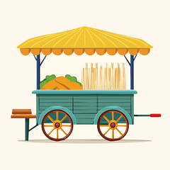 Whimsical Food Cart With Yellow Canopy and Teal Body Displaying Fresh Produce and Baked Goods on a Warm Day