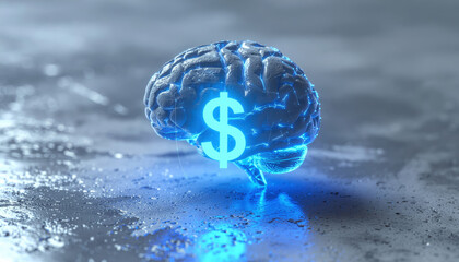 Neon brain money symbol dollar sign blue light financial concept smart investment ethics human mind artificial intelligence digital glow wet surface futuristic style finance economy profit wealth
