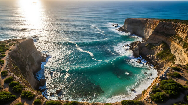 Aerial view of a stunning coastal cove with turquoise water and cliffs at sunset - Powered by Adobe