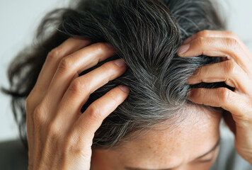 Middle-aged woman checking her grey hair roots with hands in a close-up view, showing natural signs of aging and salt and pepper hair for hair care and beauty concepts