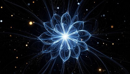 Vibrant blue fractal flower radiates ethereal light, intricate energy patterns expanding in a cosmic dark space, symbolizing spiritual awakening and cosmic connection