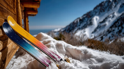 Vibrant pair of modern skis and poles leaning against wooden cabin in snowy mountain landscape