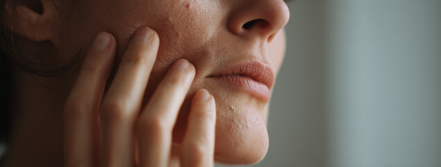 Close-up of a young woman touching her face to examine skin texture and visible pores, dermatology and skincare concept focusing on acne treatment and natural aging.