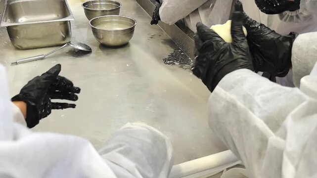 People are learning how to make cheese during a workshop at a dairy farm. They are using fresh milk and following steps to form the cheese. Gloves are worn for safety.
