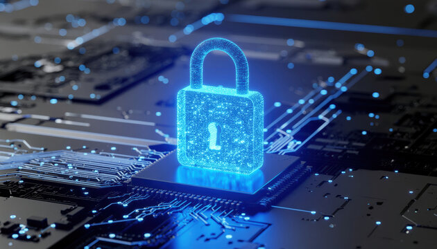 Cybersecurity data protection digital security encryption secure network cyber lock padlock computer chip circuit board technology cyber defense firewall cybercrime information security online
