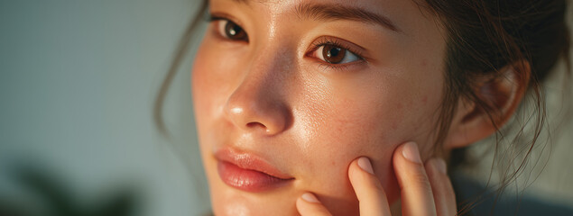Extreme close up view of a young Asian woman touching her cheek and examining her skin texture, focusing on natural pores and acne blemishes for skincare health and dermatology routines.