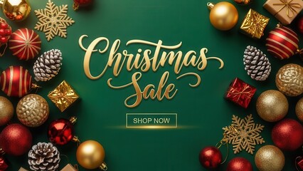 Christmas sale banner with festive decorations on a deep green background offering seasonal discounts