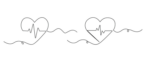 Continuous one line heart with heartbeat symbol for health concept

